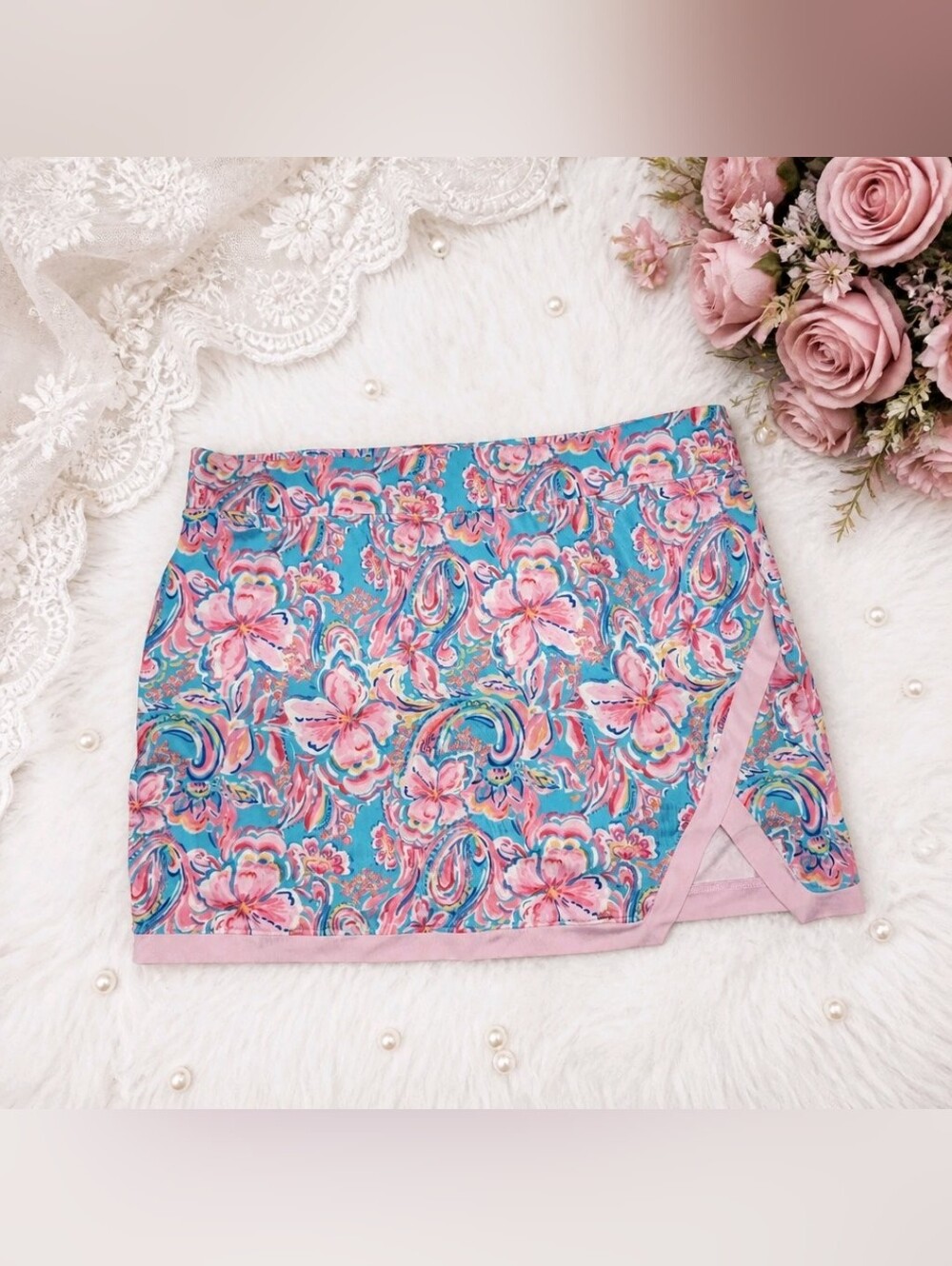 Stella Parker Floral Print Blue & Pink Mini Skort w/zippered Pockets Size XL